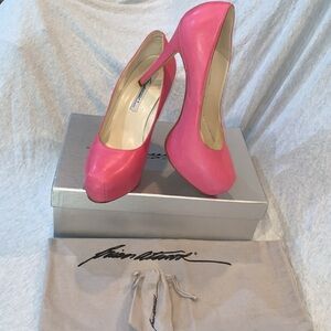 Brian Atwood “Maniac” Barbie Pink nubuck leather platform pumps rounded toe 37.5